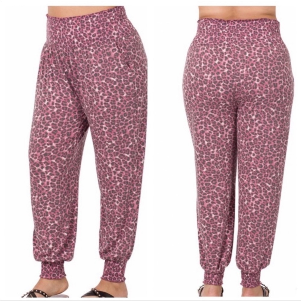 Leopard Print High Smocked Waist Jogger Pant with Pockets, Pink, Plus Size